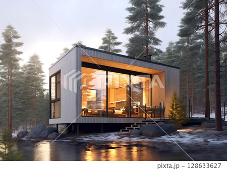 Minimalist wooden tiny home with modern interior design and furniture.AI Generative Minimalist wooden tiny home with modern interior design and furniture.AI Generative 128633627