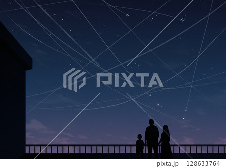 Silhouette Family Watching Night Sky with Contrails 128633764