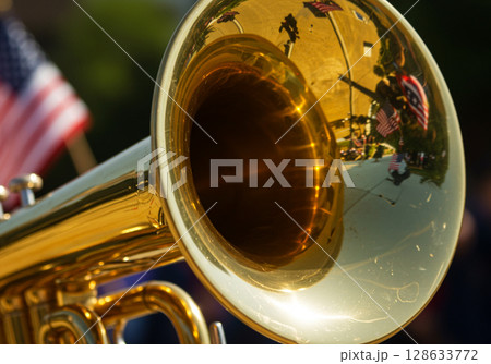 Closeup of a Tuba Reflecting American Flags 128633772