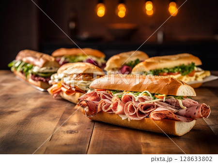 Various fresh tasty submarine sandwiches with vegetables,ham,cheese,pork,beef,turkey breast and various sauces on table.Macro.AI Generative 128633802