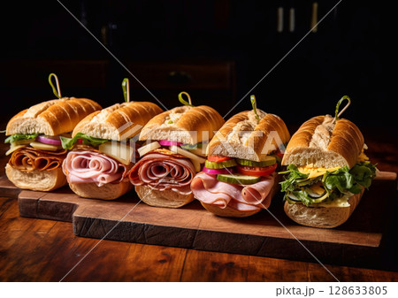 Assorted delicious submarine sandwiches on chopping board.Macro.AI Generative 128633805
