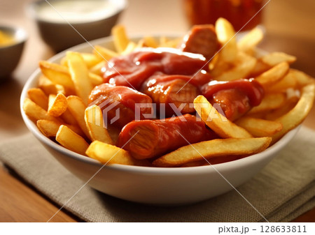 Currywurst meal with sausages and chips and ketchup on table.Macro.AI Generative 128633811