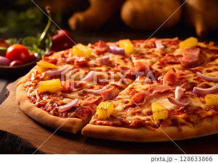 Oven baked hawaiian pizza with ham and pineapples on wooden table.Macro.AI Generative 128633866