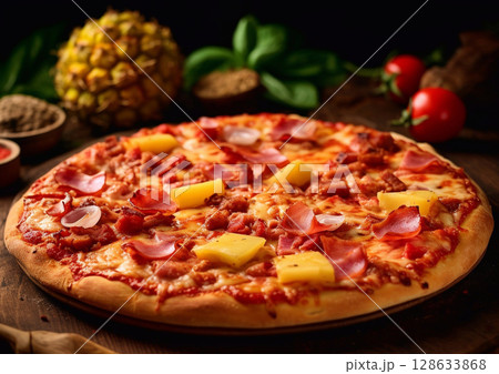 Oven baked hawaiian pizza with ham and pineapples on wooden table.Macro.AI Generative 128633868