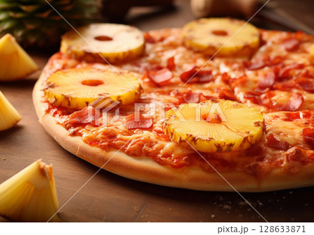 Crispy hawaiian pizza with pineapple slices and ham on wooden table.Macro.AI Generative 128633871