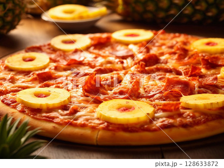 Crispy hawaiian pizza with pineapple slices and ham on wooden table.Macro.AI Generative 128633872
