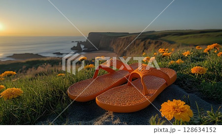 Coastal sunset landscape warm colors tranquil scene 128634152