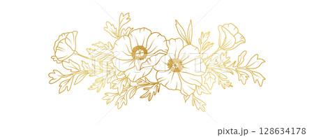 Golden poppy flowers line art isolated on white background. Luxury poppy floral design elements for invitation, wedding, wallpaper, print template, vector illustration 128634178