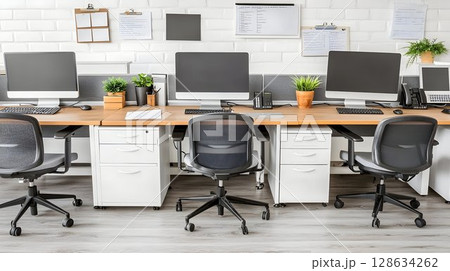 Modern office workspace bright interior with computers and plants 128634262