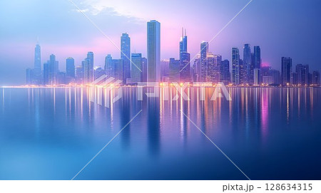 Abstract city skyline reflection blurred pastel colors urban background 128634315