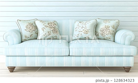 Pastel blue sofa with pillows interior design home decor 128634323