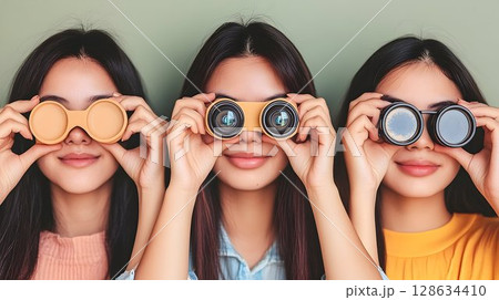 Joyful women covering eyes cheerful group portrait warm colors 128634410