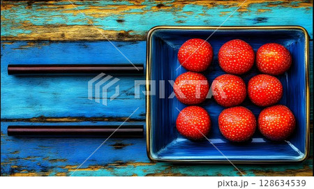 Overhead view of ripe red tomatoes in a tray 128634539