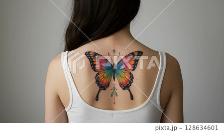 portrait of a beautiful woman with a butterfly tattoo on her back portrait of a beautiful woman with a butterfly tattoo on her back 128634601