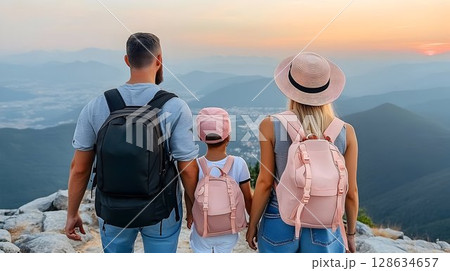 Family hiking adventure scenic mountain view warm sunset 128634657
