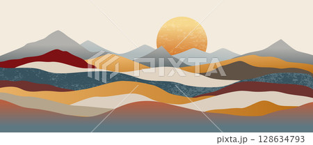 Boho abstract mountain landscape layered hills, bold sunset, warm neutral earth tones with textured digital painting for prints, modern wall art 128634793