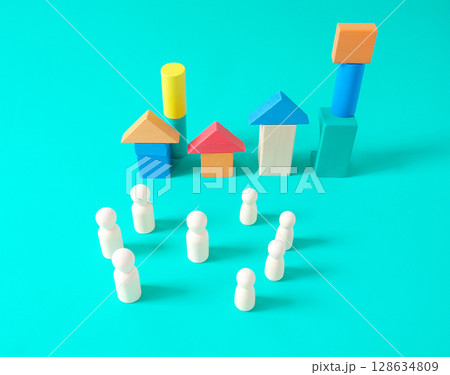 Wooden figure standing ,Colorful toy house wood brick for kids. Wooden figure standing ,Colorful toy house wood brick for kids. 128634809