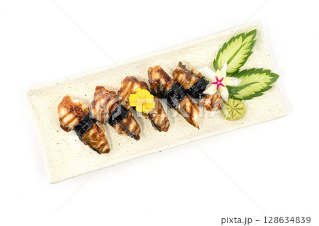 Unagi Sushi with Sauce Japanese food Unagi Sushi with Sauce Japanese food 128634839