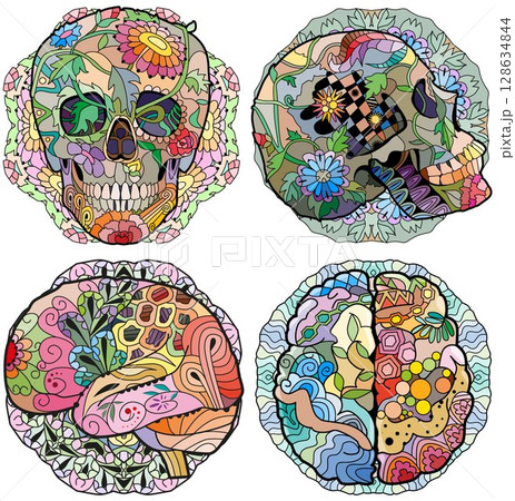 Zentangle stylized brain and skulls. Hand drawn decorative vector illustration 128634844