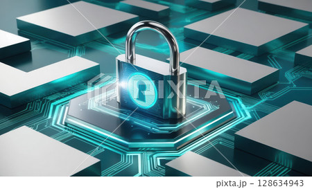 dynamic depiction of blockchain financial security featuring glowing padlock icon integrated into digital grid. sleek layout 128634943
