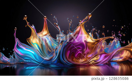 Bold splash of liquid iridescence in vibrant colors against dark backdrop 128635086