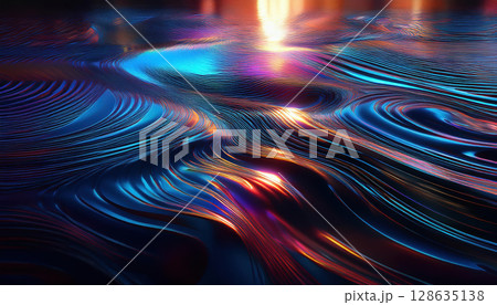 Iridescent ripples on dark liquid surface, illuminated by soft ambient light, create mesmerizing effect Iridescent ripples on dark liquid surface, illuminated by soft ambient light, create mesmerizing effect 128635138
