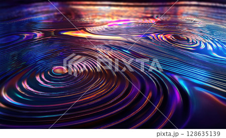 Iridescent ripples on dark liquid surface illuminated by ambient light Iridescent ripples on dark liquid surface illuminated by ambient light 128635139