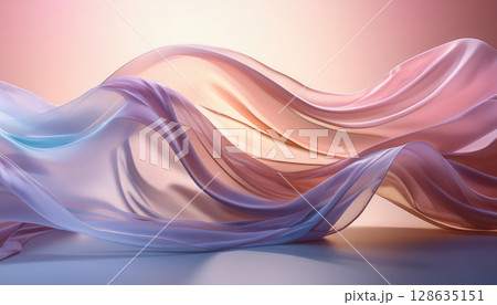 Shimmering waves of translucent fabric in soft pastel colors create serene atmosphere 128635151