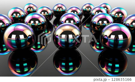 Metallic spheres with holographic finishes arranged symmetrically on reflective surface create futuristic display 128635166