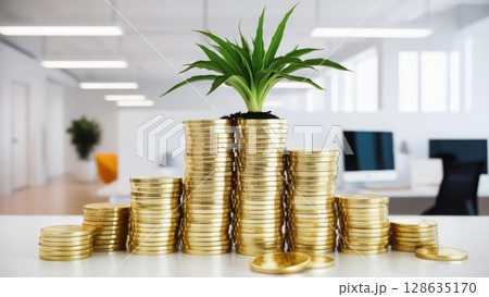 Stacks of gold coins with growing plant sprouting from them, set in bright office environment, ideal for branding 128635170
