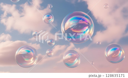 Translucent bubbles with holographic reflections floating dreamy pastel sky create whimsical atmosphere ideal for creative 128635171