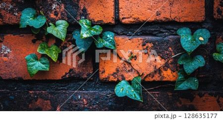 Vibrant Green Ivy Climbing Rustic Orange Brick Wall Vine Aged Dark Life Wild Leaf Plant Stone Image Vibrant Green Ivy Climbing Rustic Orange Brick Wall Vine Aged Dark Life Wild Leaf Plant Stone Image 128635177