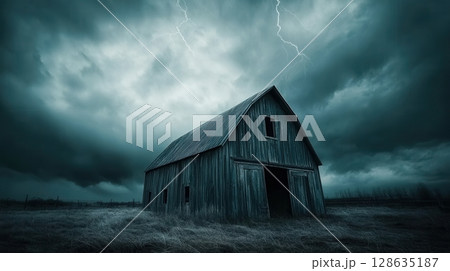 Dark Rustic Barn Dramatic Stormy Sky Lightning Nature old wood farm grey blue rural field black 128635187