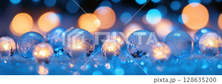 Frosted Glass Balls Winter Lights Festive Background Blue Orange ice art snow cold image macro shiny 128635200