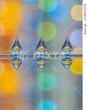 Three Vibrant Water Drops Reflecting Colorful Lights Abstract Macro Photography art blue life green 128635258