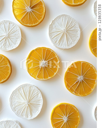 Dried Orange Lemon Slices Pattern White Background Minimalist Flatlay Food Photography diet life 128635358