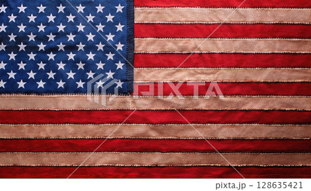 Handmade USA flag design with fabric swatches, showcasing unique aesthetic 128635421