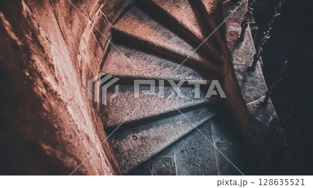 Ancient Stone Spiral Staircase Architecture Detail Old Building up dark grey down path wall iron 128635521