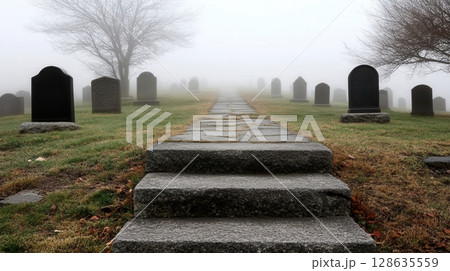 Stone Pathway Leading to Foggy Graveyard Headstones Autumn sad sky mist grey dark cold mood view 128635559