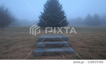 Misty Morning Stone Steps Nature Scene Serene Tree Landscape Peaceful Foggy Autumn Field Sky Blue 128635560