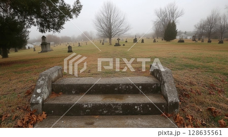Stone Steps Leading to Foggy Autumn Cemetery Graveyard Scene old way sky day grey life mood view 128635561