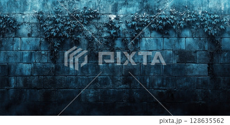 Dark Blue Brick Wall Texture with Ivy Plants Background Design old aged teal vine stone green photo 128635562