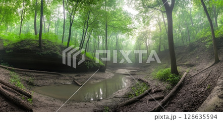 Serene Green Forest Creek Misty Morning Nature Scene Tranquil Peaceful Lush Greenery Summer Sunlight 128635594