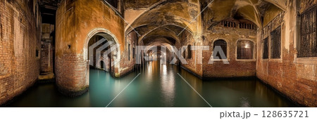 Mysterious Venice Canal Night Scene Old Brick Architecture art city dark water stone Italy urban 128635721