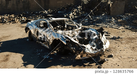 Burned Out Car Wreckage Urban Scene Destruction Accident fire gray metal scrap black white waste Burned Out Car Wreckage Urban Scene Destruction Accident fire gray metal scrap black white waste 128635766