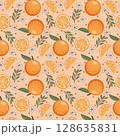 Slices and whole of oranges with Flowers, Leaves background. 128635831