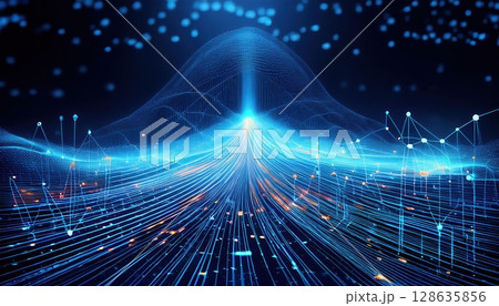 A vibrant network of connected blue lines and digital nodes converges into a central point in this abstract representation of technology and connectivity now. 128635856