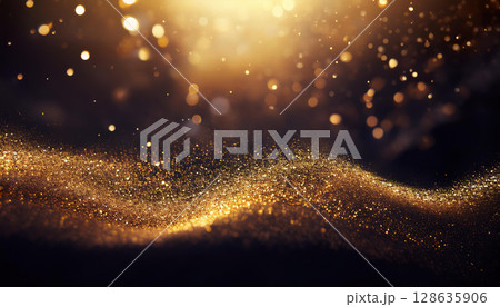 Elegant scene of gold glitter particles flowing underwater, creating mesmerizing effect Elegant scene of gold glitter particles flowing underwater, creating mesmerizing effect 128635906