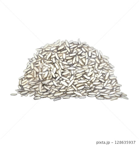 A handful of rice or oats, wheat or rye. A hand-drawn watercolor illustration. Design element for menus, recipes, and cookbooks. For banners, flyers, packaging, labels, and more. 128635937