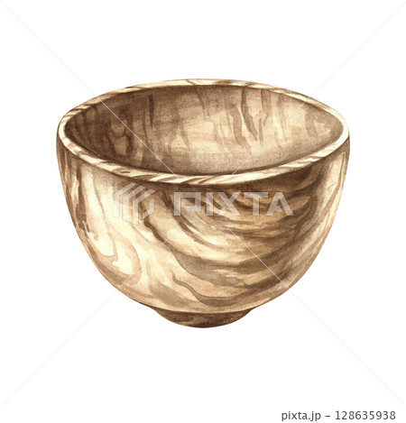 Empty wooden bowl. A hand-drawn watercolor illustration. Design element for menus, recipes, and cookbooks. For banners, flyers, packaging, labels, and more. 128635938